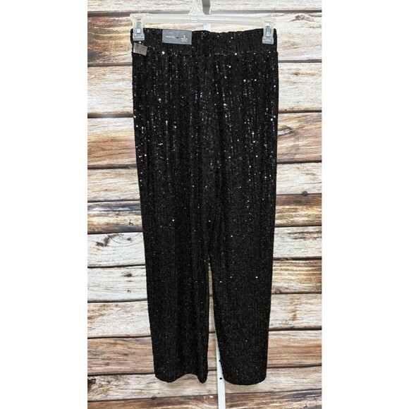 Maurices Black Sequin Pants Small Regular Pull-On Wide Leg Lined Party Evening - Picture 5 of 7